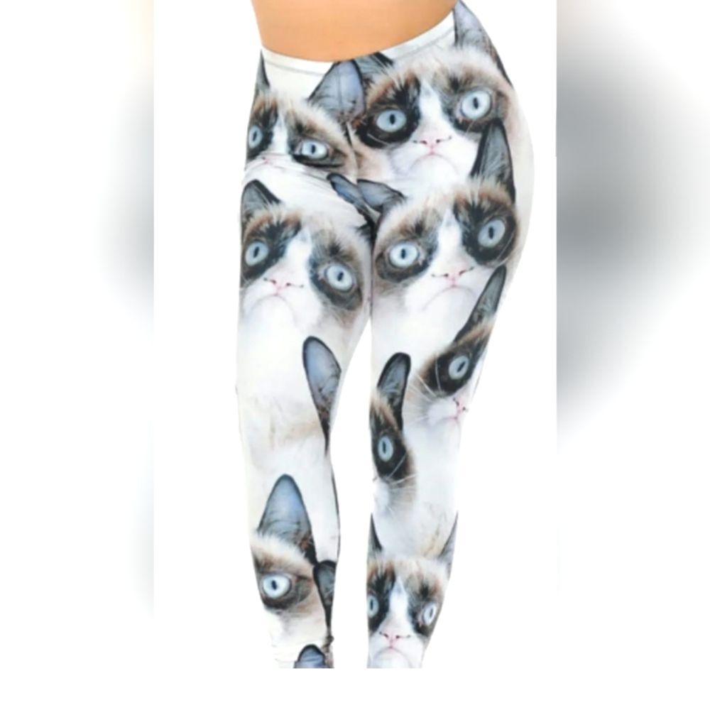 Grumpy Cat Leggings Grey and White Plus Size One Size Plus (3×l to 5xl) NIB
